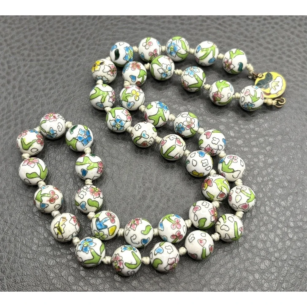 VIntage Cloisonné Enamel Floral Old Chinese Beads Enamel Clasp Necklace 24